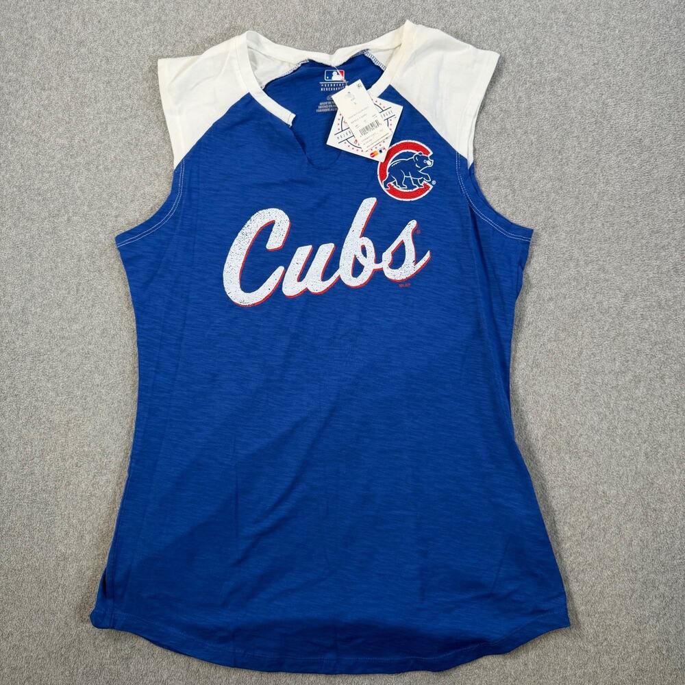 Chicago Cubs MLB Women's Large Sleeveless Tank Top Blue White Split Neck New